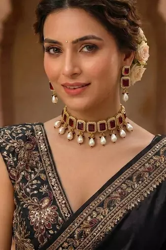 Red color american diamond & turkish stone necklace set party wear