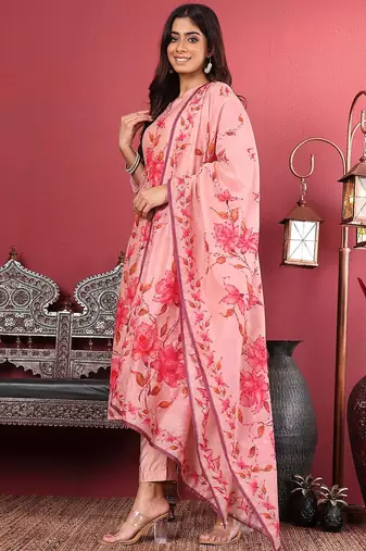 Floral Printed Kantha Work Chanderi Silk Straight Kurta with Trousers & Dupatta