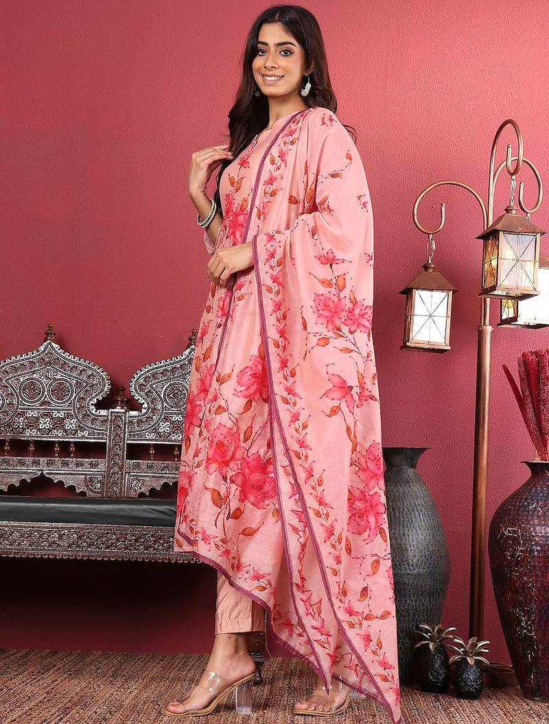 Floral Printed Kantha Work Chanderi Silk Straight Kurta with Trousers & Dupatta