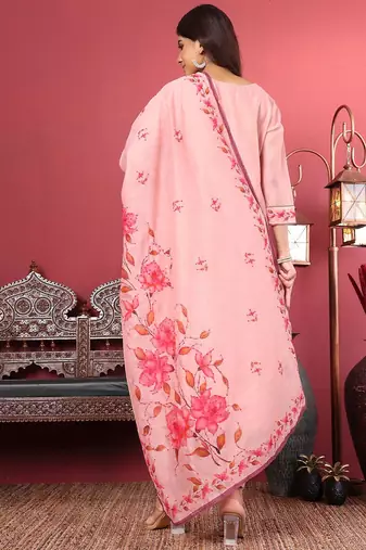 Floral Printed Kantha Work Chanderi Silk Straight Kurta with Trousers & Dupatta