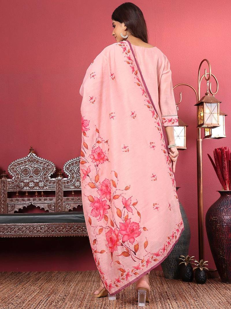 Floral Printed Kantha Work Chanderi Silk Straight Kurta with Trousers & Dupatta