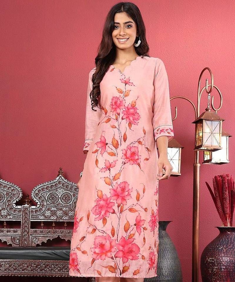 Floral Printed Kantha Work Chanderi Silk Straight Kurta with Trousers & Dupatta