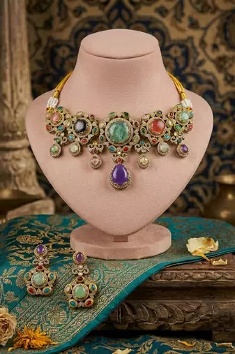 Multi color sabyasachi inspired russian stone choker necklace set ethnic style