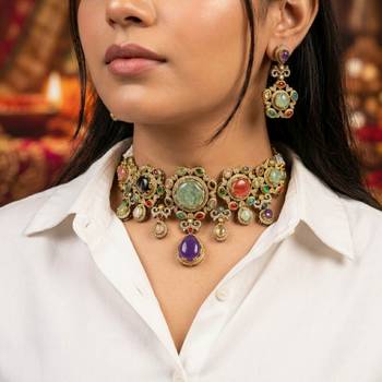 Multi color sabyasachi inspired russian stone choker necklace set ethnic style 2