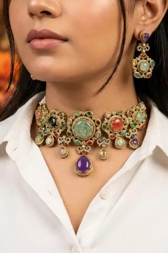 Multi color sabyasachi inspired russian stone choker necklace set ethnic style