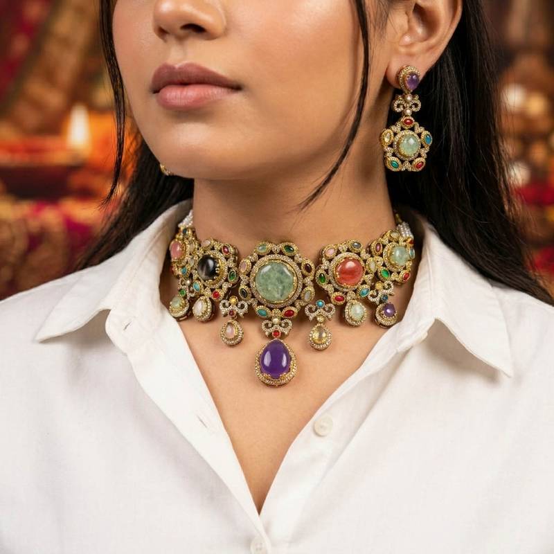 Multi color sabyasachi inspired russian stone choker necklace set ethnic style