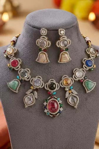 Multi color sabyasachi inspired russian stone necklace set traditional finish