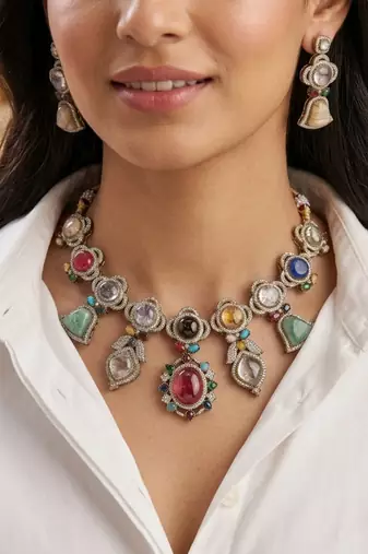 Multi color sabyasachi inspired russian stone necklace set traditional finish