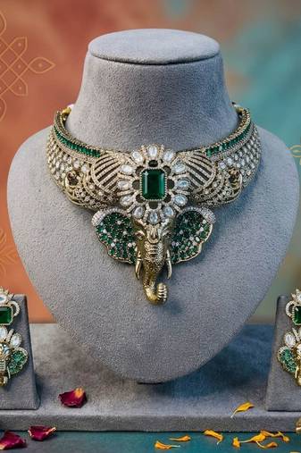 Green color divine ganesha ad necklace set traditional appeal