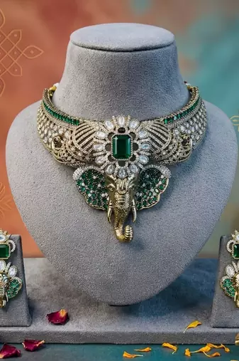 Green color divine ganesha ad necklace set traditional appeal