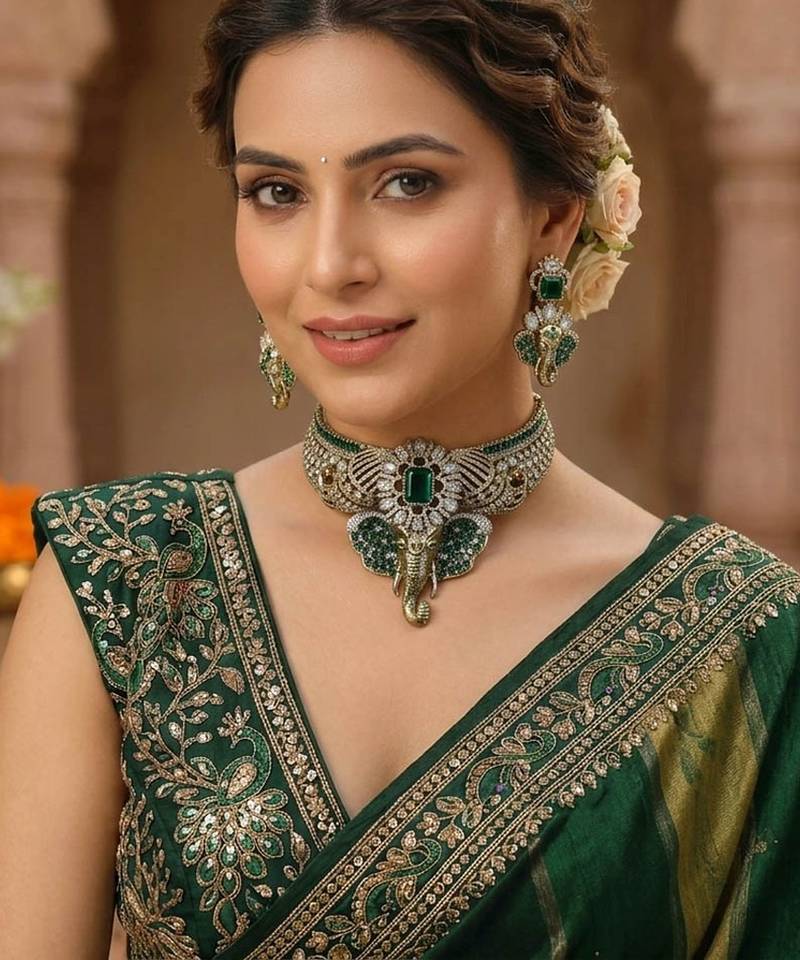 Green color divine ganesha ad necklace set traditional appeal