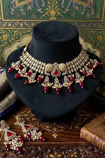 Maroon color american diamond necklace set festive party wear