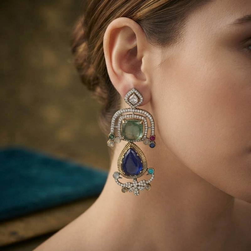 Blue color american diamond & turkish stone earrings party wear