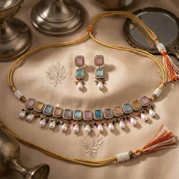 Light pink & light blue color american diamond & turkish stone necklace set party wear 1