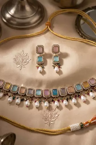Light pink & light blue color american diamond & turkish stone necklace set party wear