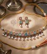 Light pink & light blue color american diamond & turkish stone necklace set party wear