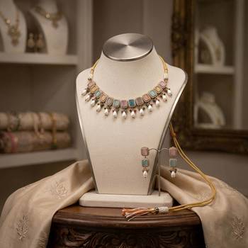 Light pink & light blue color american diamond & turkish stone necklace set party wear 2