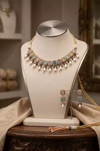 Light pink & light blue color american diamond & turkish stone necklace set party wear