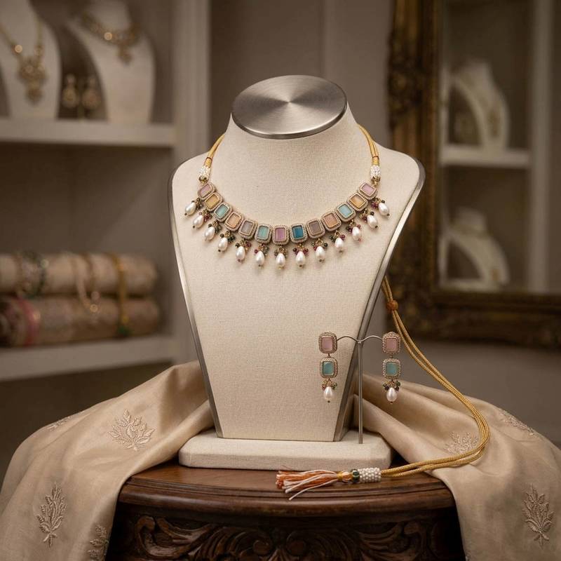 Light pink & light blue color american diamond & turkish stone necklace set party wear