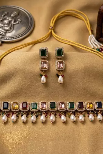 Multi color american diamond & turkish stone necklace set party wear