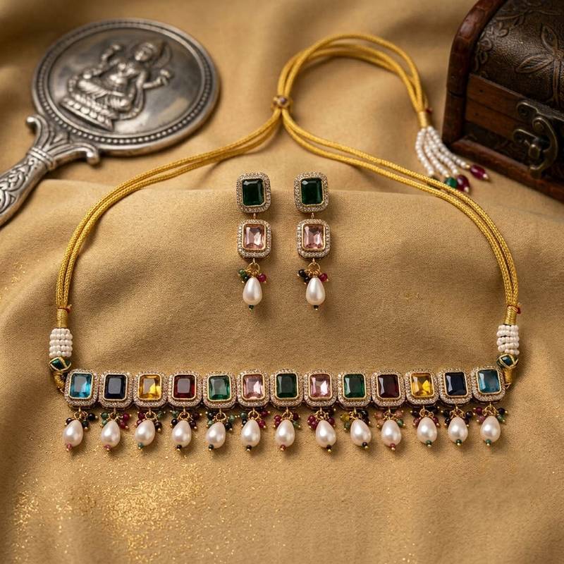 Multi color american diamond & turkish stone necklace set party wear