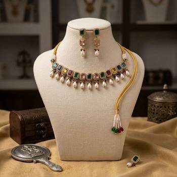 Multi color american diamond & turkish stone necklace set party wear 2