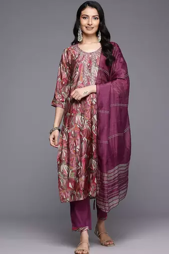 Printed Sequinned Kurta With Trousers & Dupatta
