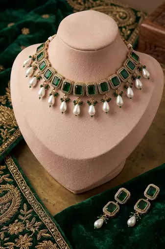 Green color american diamond & turkish stone necklace set party wear