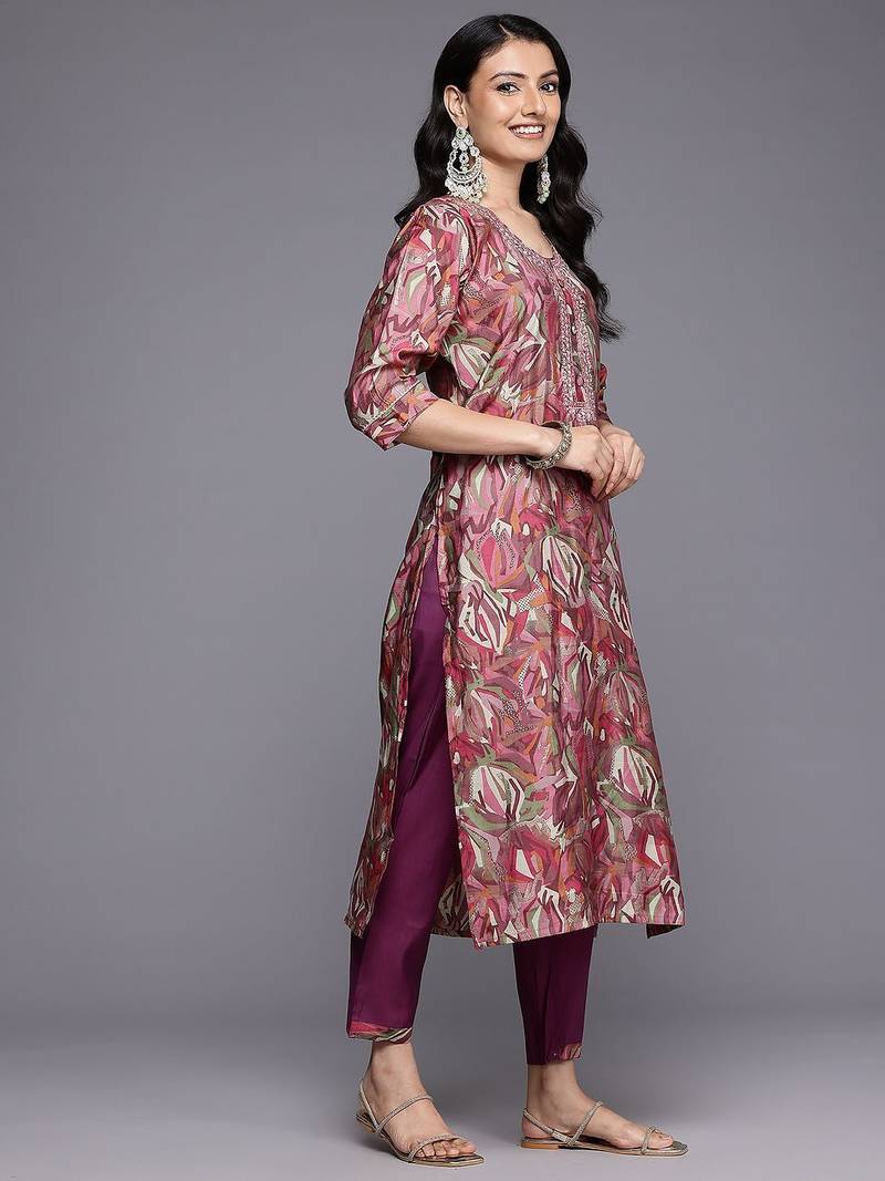 Printed Sequinned Kurta With Trousers & Dupatta