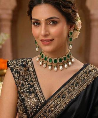 Green color american diamond & turkish stone necklace set party wear 2