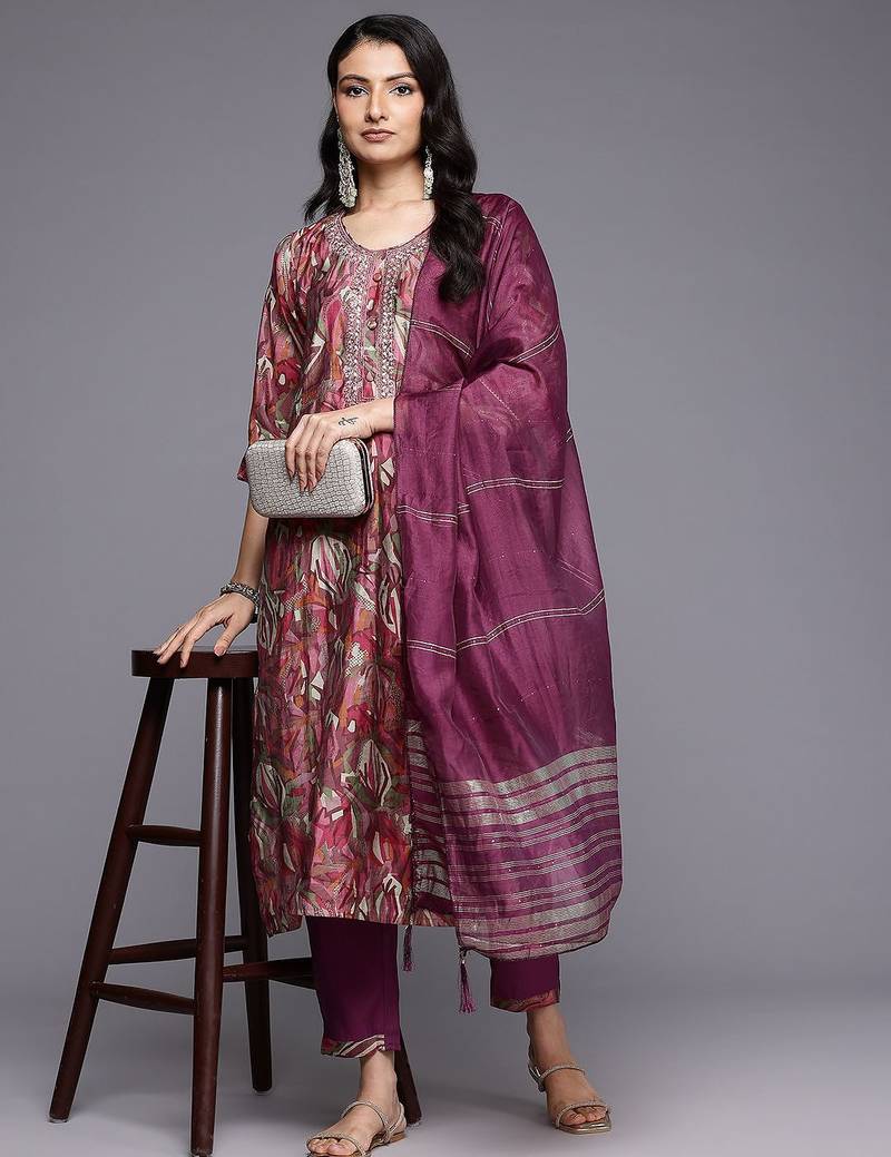 Printed Sequinned Kurta With Trousers & Dupatta