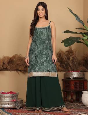 Bandhani Gotta Patti Kurta with Sharara & Fringed Dupatta. 1