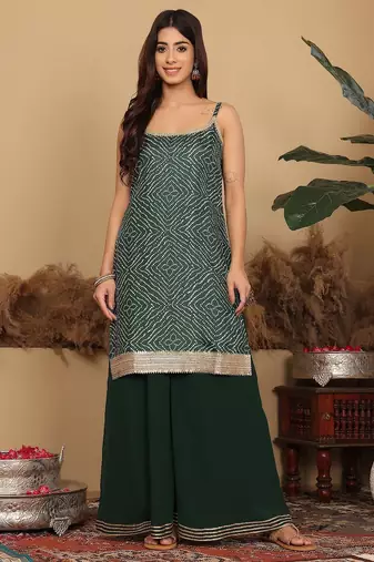 Bandhani Gotta Patti Kurta with Sharara & Fringed Dupatta.