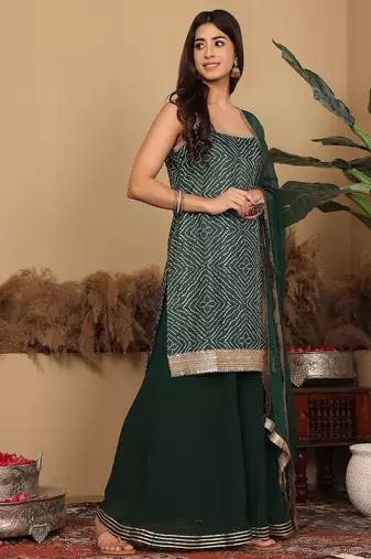 Bandhani Gotta Patti Kurta with Sharara & Fringed Dupatta.