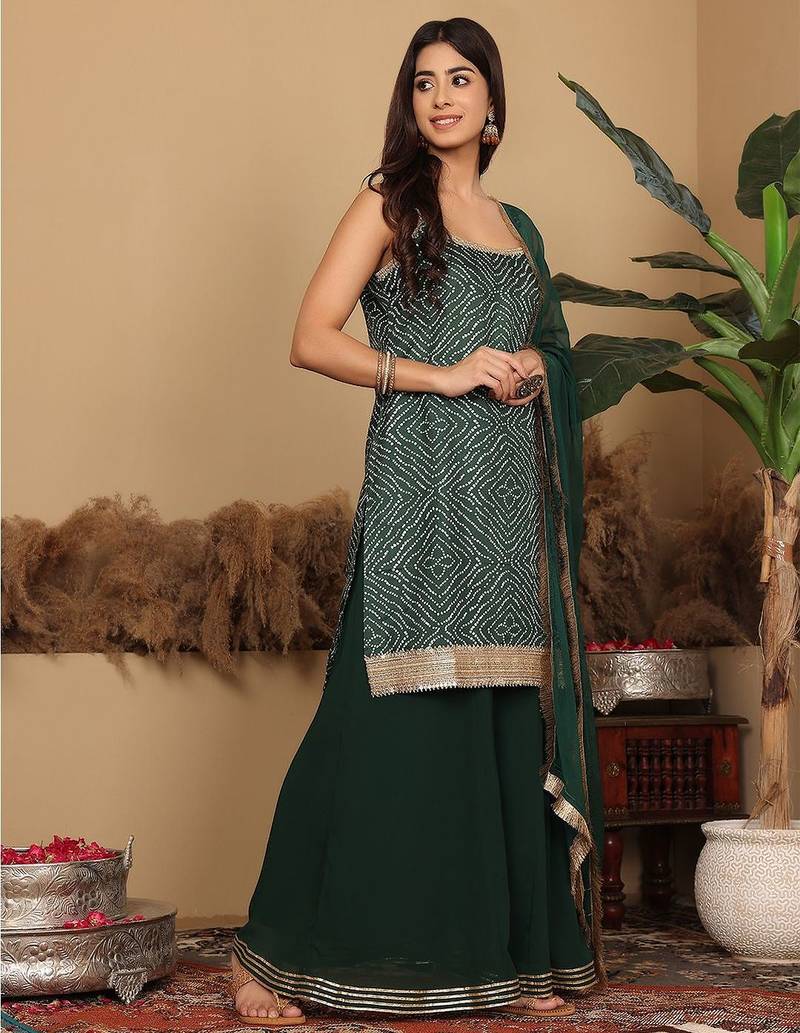 Bandhani Gotta Patti Kurta with Sharara & Fringed Dupatta.