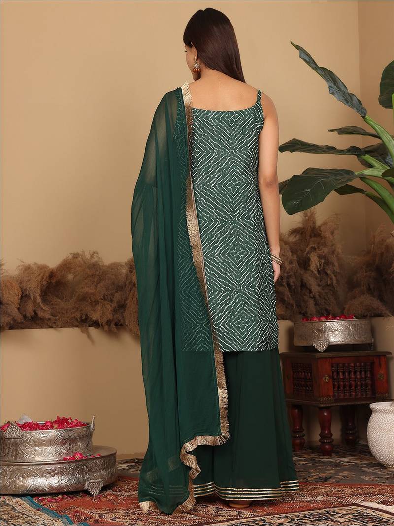 Bandhani Gotta Patti Kurta with Sharara & Fringed Dupatta.