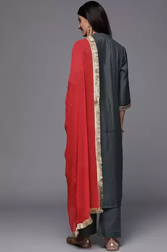 Women Floral Yoke Design Sequinned Kurta with Trousers & Dupatta