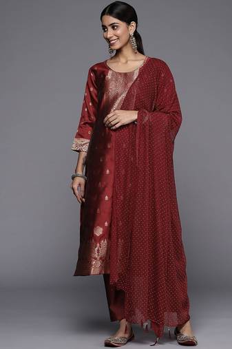 Floral Zari Woven Design Round Neck Kurta with Trousers & with Dupatta