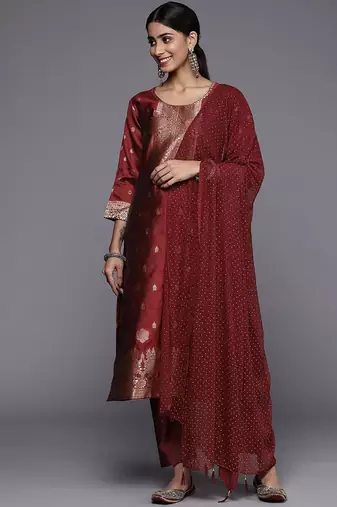 Floral Zari Woven Design Round Neck Kurta with Trousers & with Dupatta