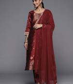 Floral Zari Woven Design Round Neck Kurta with Trousers & with Dupatta