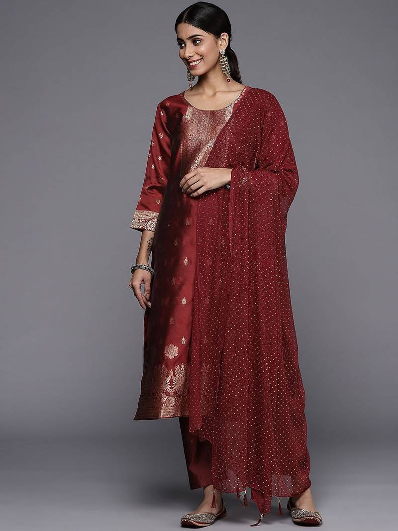 Floral Zari Woven Design Round Neck Kurta with Trousers & with Dupatta