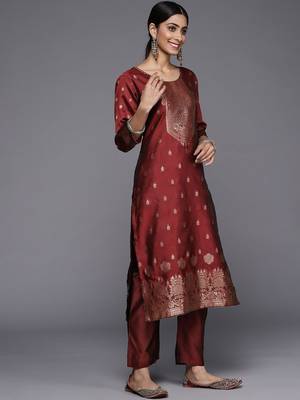 Floral Zari Woven Design Round Neck Kurta with Trousers & with Dupatta 5