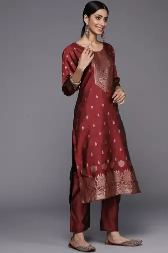 Floral Zari Woven Design Round Neck Kurta with Trousers & with Dupatta