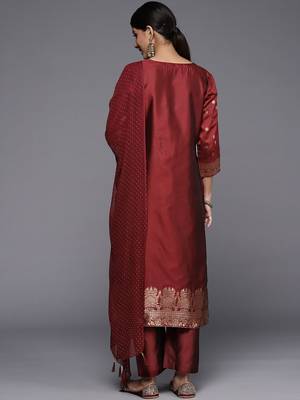 Floral Zari Woven Design Round Neck Kurta with Trousers & with Dupatta 6
