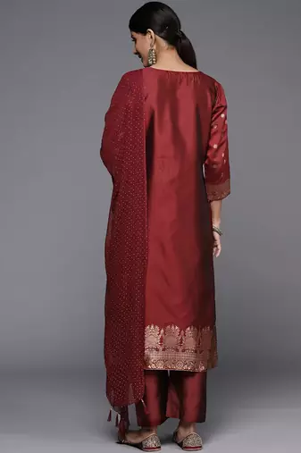Floral Zari Woven Design Round Neck Kurta with Trousers & with Dupatta
