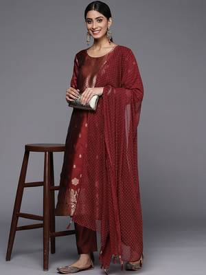 Floral Zari Woven Design Round Neck Kurta with Trousers & with Dupatta 7