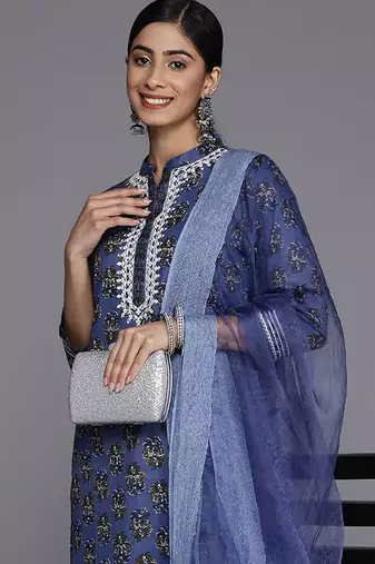Women Floral Printed Mirror Work Pure Cotton Kurta With Trousers & With Dupatta