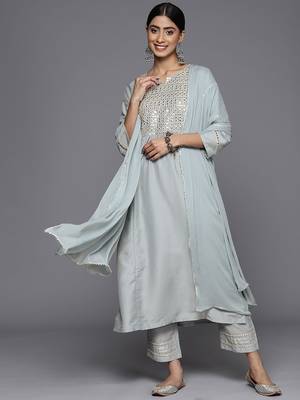 Embroidered Mirror Work Notch Neck Panelled Kurta & Trousers With Dupatta 1