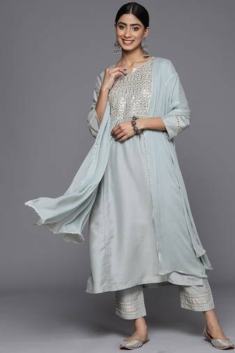 Embroidered Mirror Work Notch Neck Panelled Kurta & Trousers With Dupatta