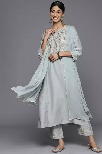 Embroidered Mirror Work Notch Neck Panelled Kurta & Trousers With Dupatta